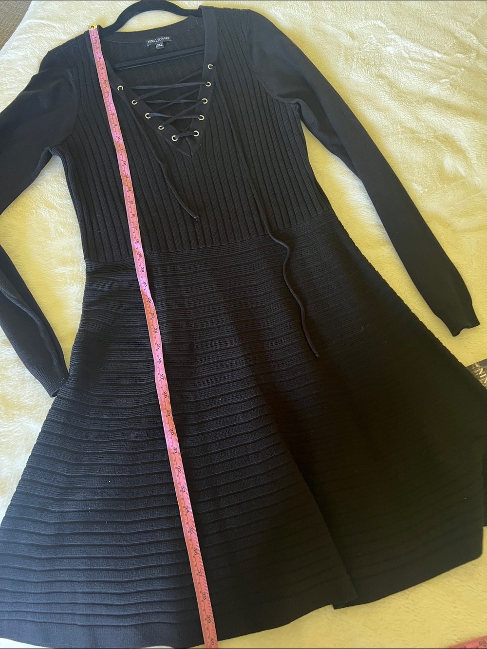 Nina Leonard Black Lace-Up neckline - Long Sleeve - Rib Knit Sweater Dress